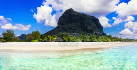 Téléchargez les photos : Rêve île exotique. paradis tropical. Les meilleures plages de l'île Maurice - Le Morne avec roc énorme emblématique - en image libre de droit