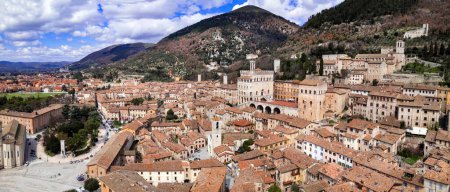 Photo for Aerial drone panoramic view of medieval town Gubbio in Umbria.  Italy travel .great historical italian landmarks and best tourist destinations - Royalty Free Image