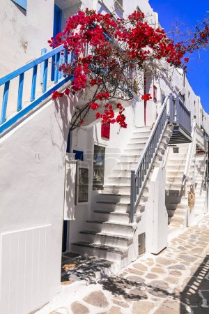 Foto de Auténtica Grecia tradicional. Isla de Mykonos. Encantadoras calles florales de colores del antiguo pueblo de Chora. Cícladas - Imagen libre de derechos