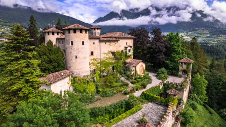 Photo for Most scenic medieval castles of Italy - Castel Campo in Trentino region, Trento province. Aerial drone view - Royalty Free Image