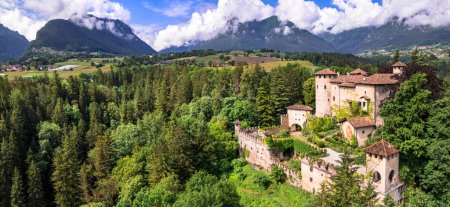 Téléchargez les photos : Châteaux médiévaux les plus pittoresques d'Italie Castel Campo dans la région du Trentin, province de Trente. Vue aérienne du drone - en image libre de droit