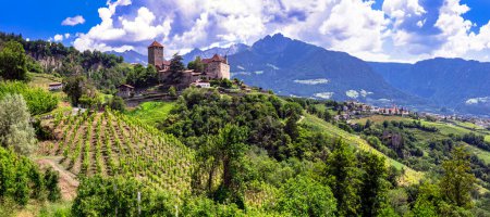 Foto de Castillos medievales italianos majestuoso castillo de Tirolo en Merano. rodeado de montañas y viñedos de los Alpes. Provincia de Bolzano, Italia - Imagen libre de derechos