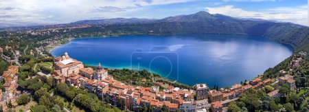 Photo for Most scenic lakes of Italy - volcanic Albano lake , aerial drone view of Castel Gandolfo village and crater of volcno. popular touristic site near Romem, famous as Pope residense - Royalty Free Image