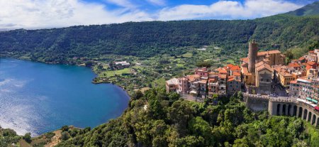 Photo for Most scenic lakes of Italy - volcanic Lago di Nemi , aerial drone view of Nemi village and volcano crater. popular touristic site near Rome - Royalty Free Image