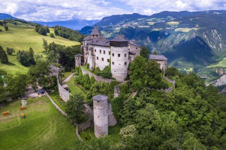 Photo for Beautiful medieval castles of northern Italy ,Alto Adige South Tyrol region. Presule castel,   aerial drone high angle view - Royalty Free Image