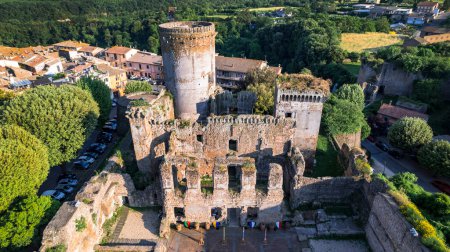 Photo for Italy travel and landmarks. Famous historic Etruscan city Nepi in Tuscia, Viterbo province. Popular tourist destination and attration. Aerial drone view of ruined castle Forte dei Borgia - Royalty Free Image