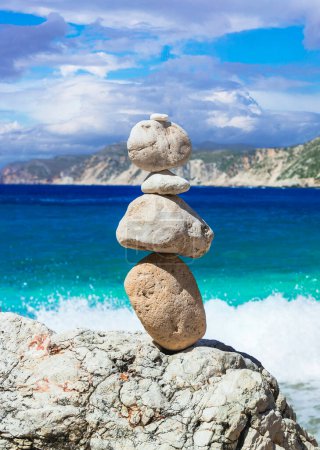 Photo for Scenic beaches of beautiful Cephalonia (Kefalonia) island - Agia Eleni with picturesque rocks and stone's piramids. Greece , Ionian islands - Royalty Free Image