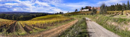 Foto de Italia, paisaje de Toscana. vista panorámica del hermoso castillo medieval Castello di Brolio en la región de Chianti rodeado de viñedos de otoño de oro - Imagen libre de derechos