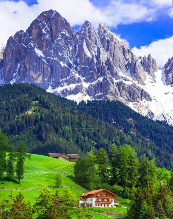 Stunning Alpine scenery of breathtaking Dolomites rocks mountains in Italian Alps, South Tyrol, Italy. famous and popular ski resort
