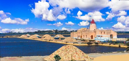 Photo for Sicily Italy travel and landmarks - famous salt pans and windmills of Marsala. popular tourist attraction - Royalty Free Image