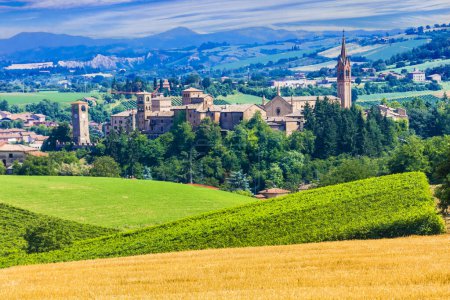 Foto de Italia Paisaje escénico y pueblo medieval Castelvetro di Modena en Emilia Romaña región conocida con vino Lambrusco. - Imagen libre de derechos