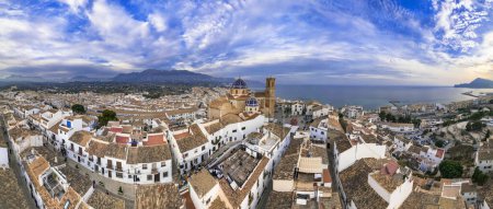Photo for Charmig coastal town Altea in popular coast of Spain Costa Blanca. aerial drone high angle  panoramic view with scenic cathedral, Valencia province - Royalty Free Image