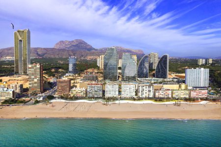 Photo for Benidorm city of Costa Blanca, Spain. Aerial drone panoramic high angle view, coastal cityscape panorama - Royalty Free Image