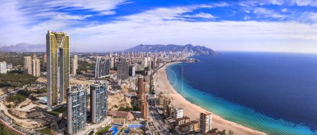 Photo for Benidorm city of Costa Blanca, Spain. Aerial drone panoramic high angle view, coastal cityscape panorama - Royalty Free Image