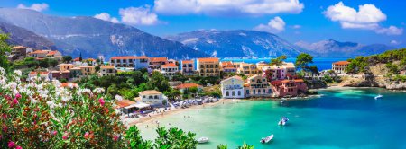 Photo for Greece  travel. One of the most beautiful traditional greek villages - scenic Assos in Kefalonia (Cephalonia) with colorful floral streets. Ionian islands , popular tourist destination - Royalty Free Image