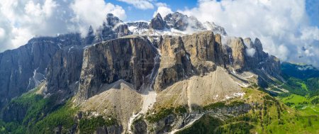 Breathtaking panorama of beautiful Alps mountains Dolomites, Val Gardena. Aerial drone panoramic view . northern Italy. Alpine nature scener