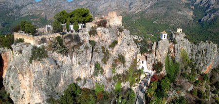 Photo for Landmarks of Spain. medieval village Guadalest, aerial drone view scenery with castle on the rocks and turquoise lake. Alicante provinc - Royalty Free Image