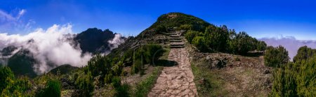Téléchargez les photos : Randonnées pédestres dans les montagnes rocheuses de Madère. Sentier pour Pico Ruivo point culminant passant dans les nuages - en image libre de droit