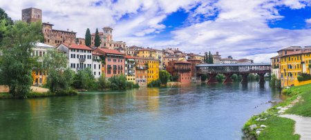 Beautiful medieval towns of Italy -picturesque Bassano del Grappa .Scenic view with famous bridge. Vicenza province, region of Venet
