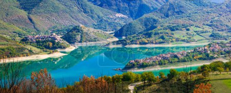 Photo for Italian scenic places . beautiful lake Turano and village Colle di tora and Castel di tora. Rieti province, Italy - Royalty Free Image