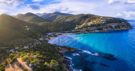 Scenic nature and beaches of Corsica island. aerial drone panoramic view