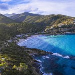 Scenic nature and beaches of Corsica island. aerial drone panoramic view