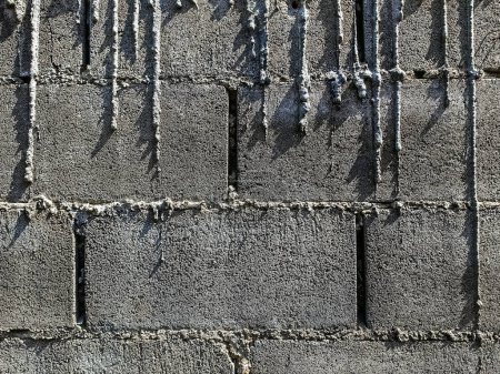Photo for Dry cement drips on bricks wall. Mortar dripping and running down the finished brick wall. Surface and textured of cement wall. Unwhitewash block brick wall with cement drip. Stains of cement on wall. - Royalty Free Image