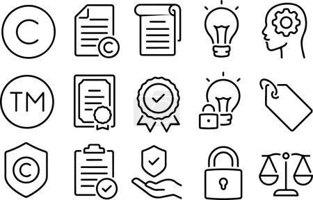 Pixel perfect icon set about patent, trademark, copyright, trade secret, intellectual property, and brand. Thin line icons, flat vector illustrations, isolated on white, transparent background