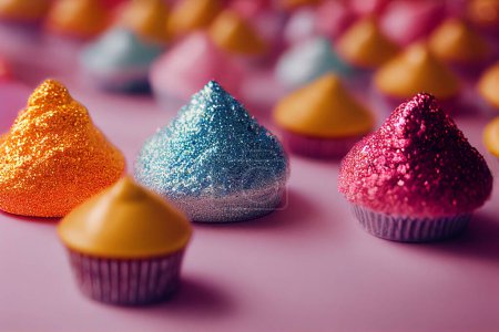 Téléchargez les photos : Illustration de bonbons - excellent pour un sucre fixe, célébrations d'anniversaire avec de la nourriture fantaisie de couleur pastel. Gâteaux colorés étincelants nourriture de fête. - en image libre de droit
