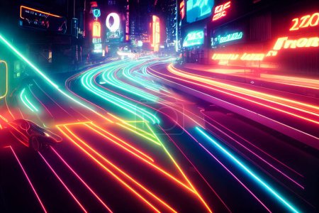Neon lighting illustration of brightly glowing, electrified glass tubes or bulbs that contain rarefied neon or other gases. Neon lit road in the city.