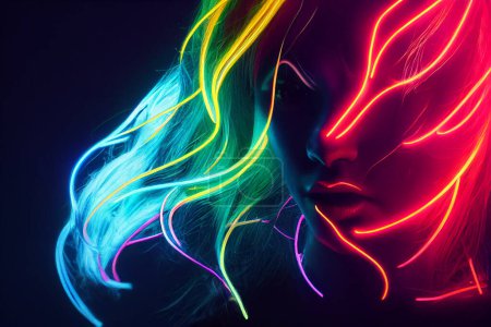 Photo for Neon lighting illustration of brightly glowing, electrified glass tubes or bulbs that contain rarefied neon or other gases. Neon lit female with long hair. - Royalty Free Image