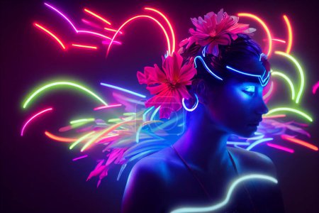 Photo for Neon lighting illustration of brightly glowing, electrified glass tubes or bulbs that contain rarefied neon or other gases. Neon lit female with flowers in her hair. - Royalty Free Image