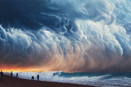 Kreative Illustration von Wolken am Himmel. Gewitterwolken über der Brandung an einem Strand mit Menschen.