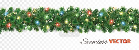 Illustration for Christmas tree garland isolated on white. Can be seamlessly repeated horizontally. Realistic pine tree branches with Christmas lights decoration. Vector border for holiday banners, posters, cards. - Royalty Free Image