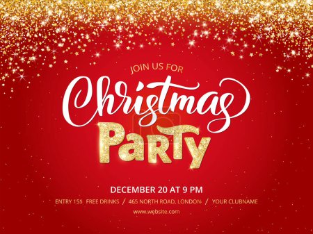 Illustration for Christmas party poster template. Holiday flyer design, club invitation. Gold sparkling glitter decoration, frame on red background. Christmas party lettering. Free font Open Sans for text. Vector - Royalty Free Image
