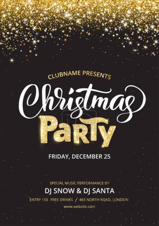 Illustration for Christmas party poster template. Holiday flyer design, club invitation. Gold sparkling glitter decoration, frame on black background. Christmas party lettering. Free font Open Sans for text. Vector - Royalty Free Image