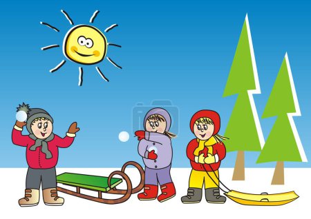 Illustration for Children and snowballing, winter landscape, vector cute illustration - Royalty Free Image
