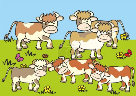 Gruppe von Kühen auf der Weide, Land, Vektorillustration