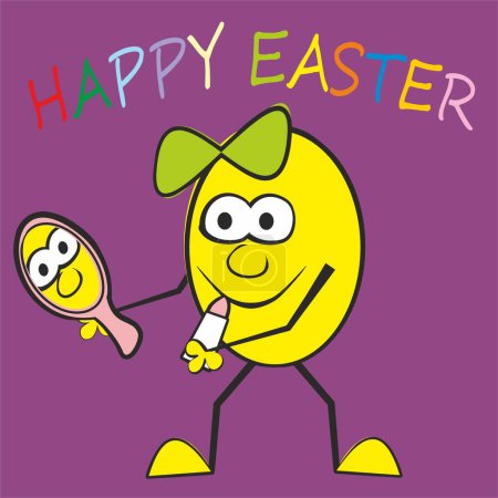 Ilustración de Easter card, crazy egg and mirror and lipstick, purple background, vector humorous illustration, - Imagen libre de derechos