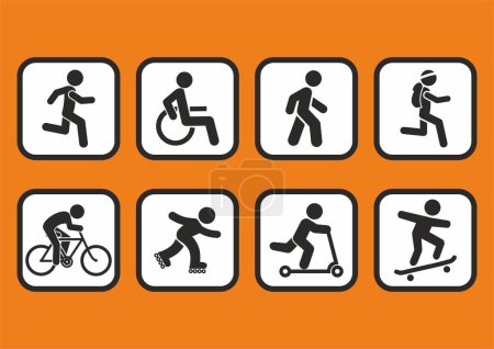 Ilustración de Set, colección Signo de información, trayectoria para peatones y ciclistas, corredor, silla de ruedas, andador, ciclista, trotar, patinador, push scooter, skateboarder, ilustración, plantilla, icono de vector, símbolos - Imagen libre de derechos
