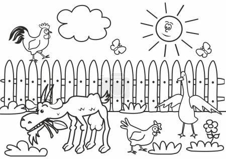 Illustration for Farm animals, goat, goose, rooster and hen, meadow with butterfly, sun and cloud, nature, art, drawing activity, coloring page - Royalty Free Image