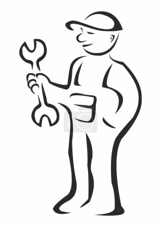 Ilustración de Reparador, hombre con llave inglesa, icono de vector, dibujo de contorno, fondo transparente - Imagen libre de derechos