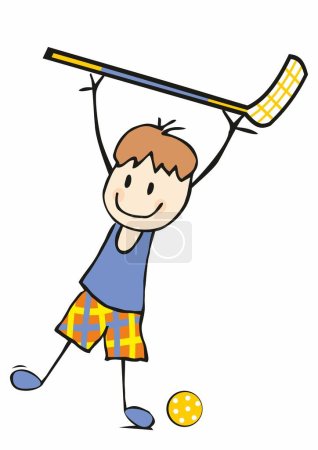 Floorball, boy with stick and ball, character, scribble, cartoon, funny vector illustration