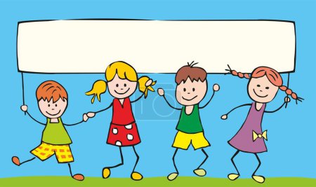 Ilustración de Cuatro niños sosteniendo pancarta en blanco, niños y niñas, imagen en color sobre fondo azul, ilustración conceptual vectorial - Imagen libre de derechos