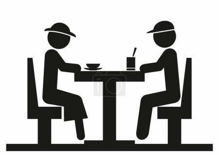 Téléchargez les illustrations : Deux personnes assises dans un restaurant, femme buveuse et homme, silhouette noire sur fond blanc, symbole de la toile vectorielle, illustration - en licence libre de droit