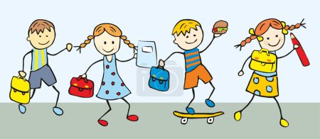 Back to school, boy and girl with satchel, skateboard, workbook, pencil, vector illustration