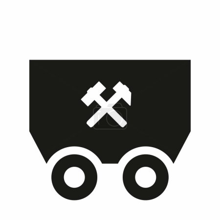 Black trolley coal cart, crossed hammers, coal mining symbol, vector icon, silhouette