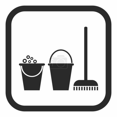 Illustration for Cleaning room icon, black silhouette of two buckets and broom on the floor, vector illustration, symbol, button, frame - Royalty Free Image