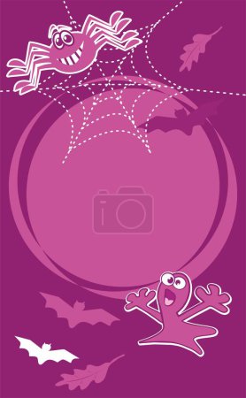 Illustration for Halloween party poster, spider, spook and bats, place for text, blank banner, purple background, vector illustration - Royalty Free Image