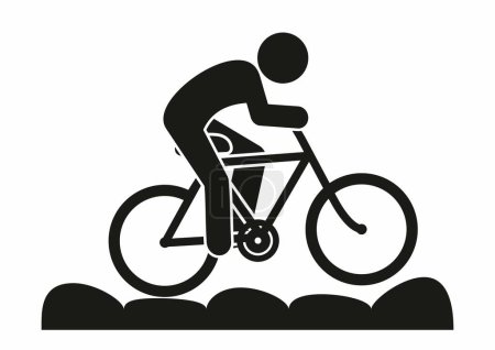 Téléchargez les illustrations : Cycliste sur un vélo, piste cyclable, piste, parcours d'obstacles pour le VTT, silhouette noire, icône vectorielle, symbole sur fond blanc - en licence libre de droit